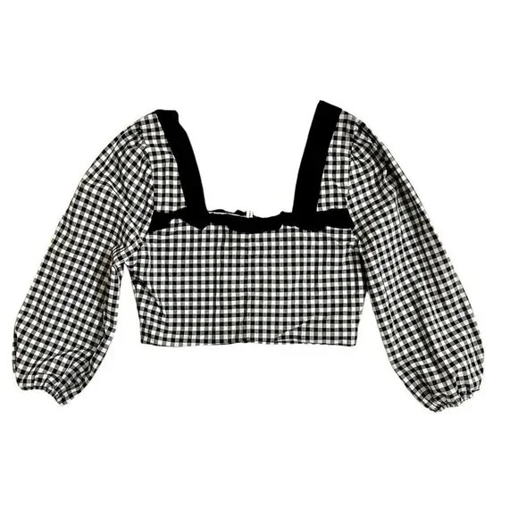 BCBGeneration Crop Top Ruffled Gingham Black White Blouse Top Shirt Sz M NWT - Picture 5 of 12